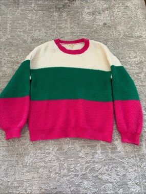 JODIFL Colorblock Crewneck Sweater in Hot Pink, Green & Cream
